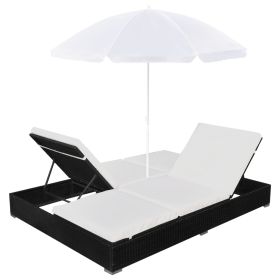 vidaXL Patio Lounge Bed with Umbrella Poly Rattan Black