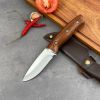 Full-tang Fixed Blade Knife with Leather Sheath, Clip Point Blade and Wood Handle, for Outdoor Survival, Camping