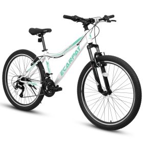 A24208 Ecarpat 24 Inch Mountain Bike, 21-Speed V-Brake, Front Suspension, Carbon Steel Frame Mountain Bike For Teenagers Girls Women Bicycles (Color: White)