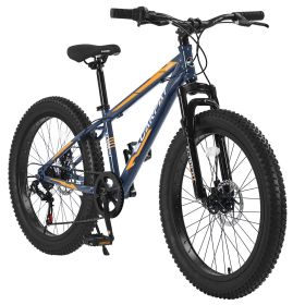 24 Inch Fat Tire Bike Adult/Youth Full Shimano 7 Speeds Mountain Bike, Dual Disc Brake, High-Carbon Steel Frame, Front Suspension, Mountain Trail Bike (Color: Grey)